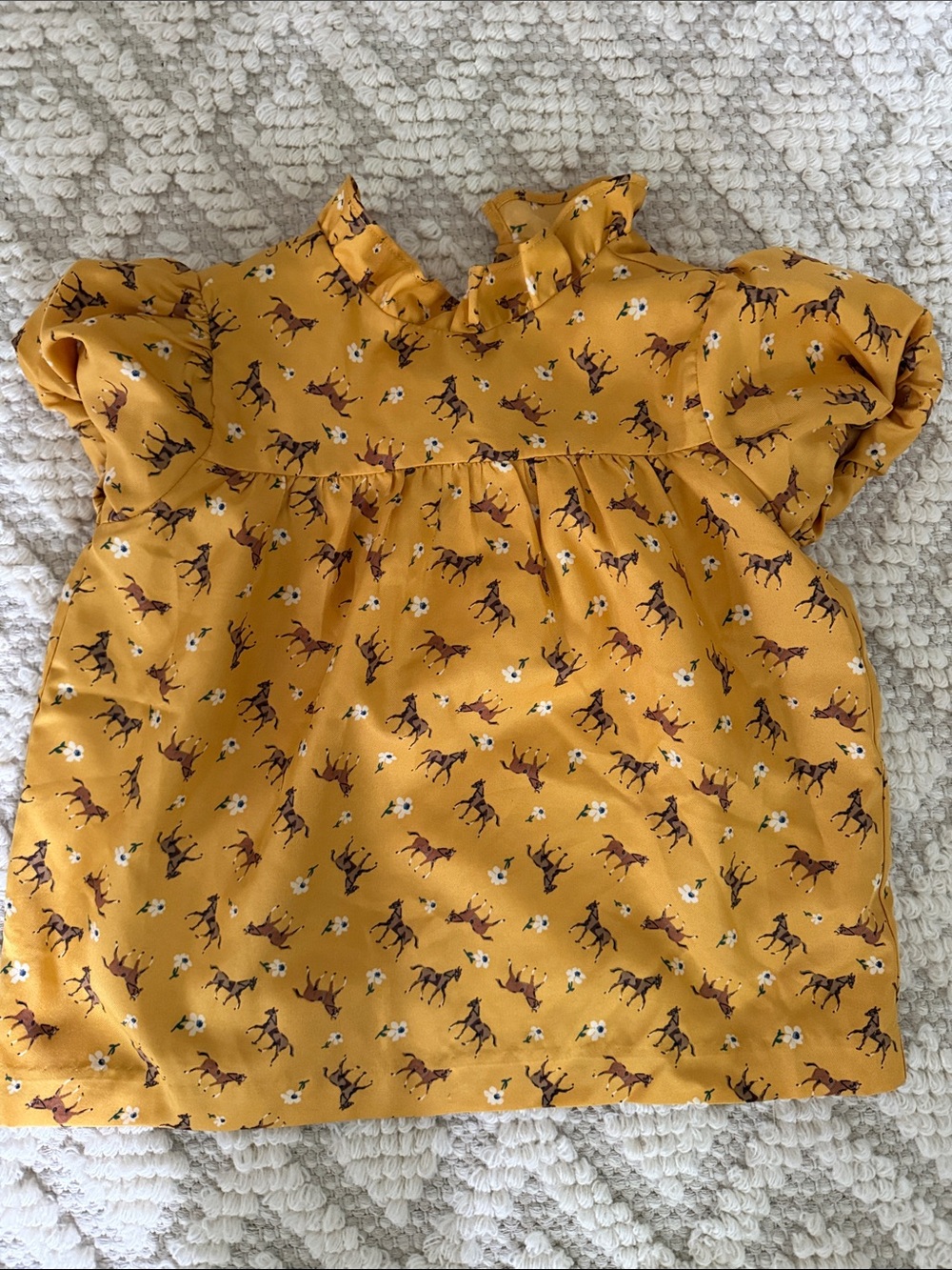 Janie and Jack Girls' Mustard Yellow Ruffle Neck Horse Print Top